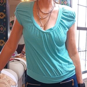 Express Aqua Striped Short Sleeve Top